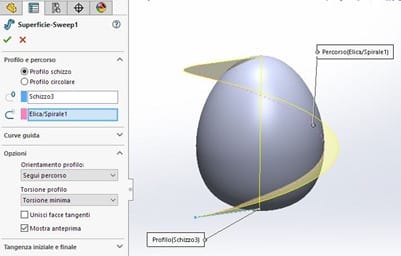 Realizzazione della sweep di superficie di supporto – Feature SolidWorks 2